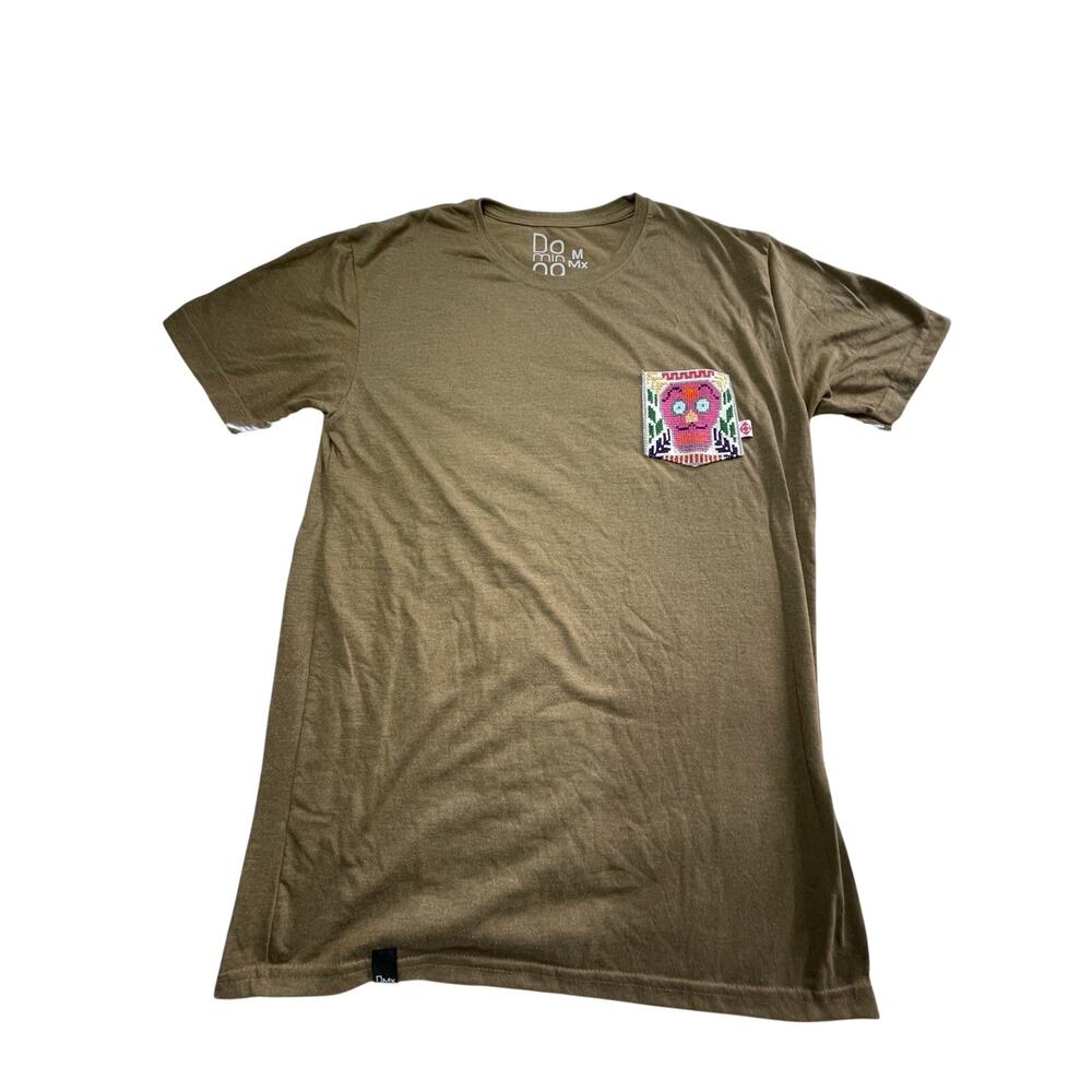 Domingo Brown Embroidered Skull Graphic Pocket Cotton Mens Crew Neck Tee Size M